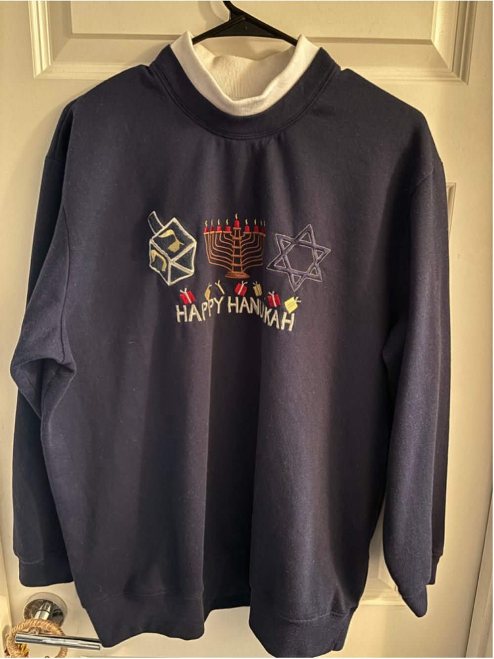 Vintage 90s Bobbie Brooks Hanukkah Sweatshirt XL Navy Blue Mock Neck Double Coll